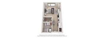 a stylized floor plan of a 1 bedroom unit with a bathroom and a closet