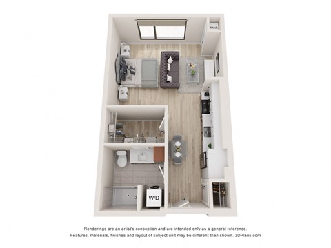 a stylized floor plan of a 1 bedroom unit with a bathroom and a closet