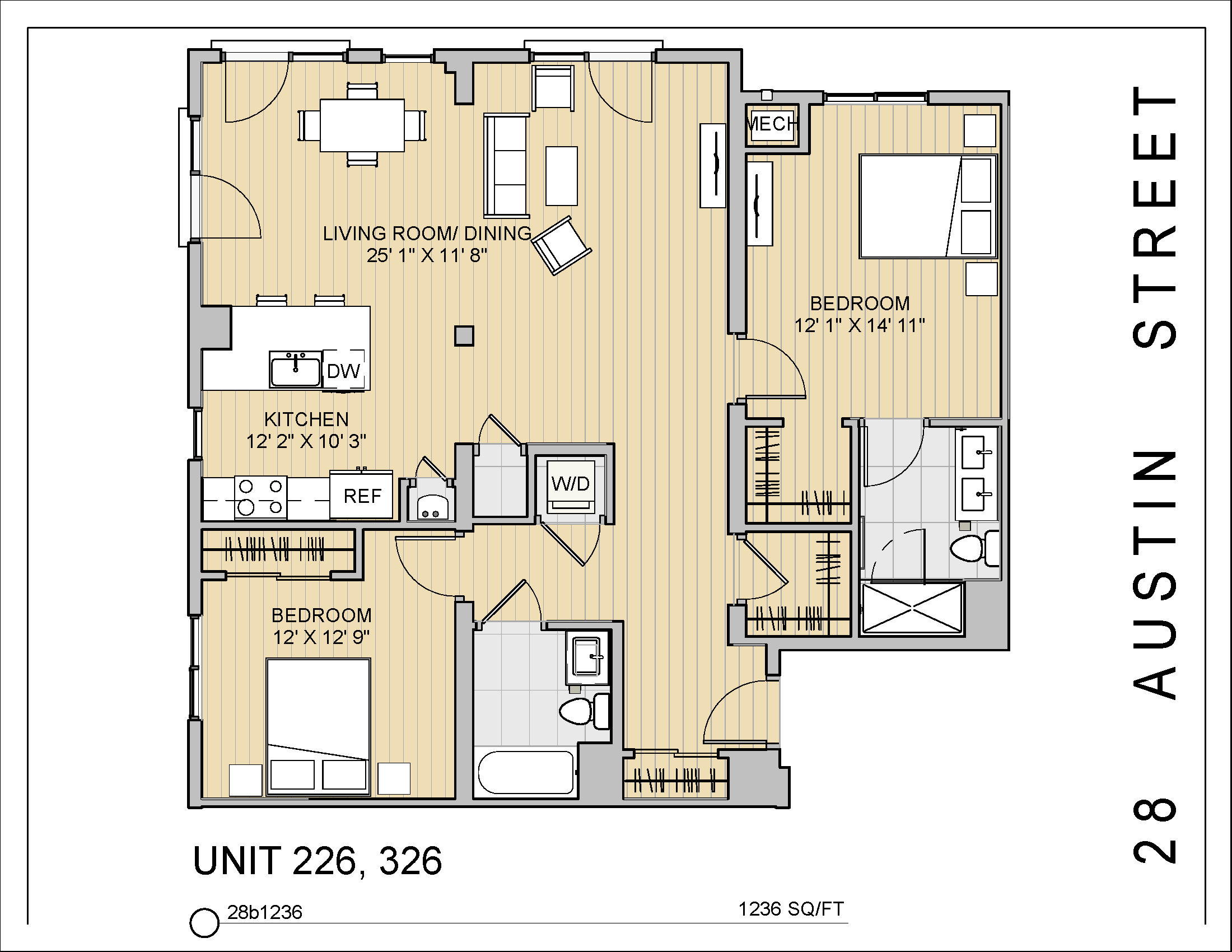 2 Bed 2 Bath 28b1236 1,236 Sq.Ft. Floor Plan at 28 Austin St, Massachusetts, 02460