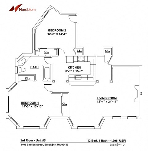 2 bed 1 bathroom floor plan at marion square apartments