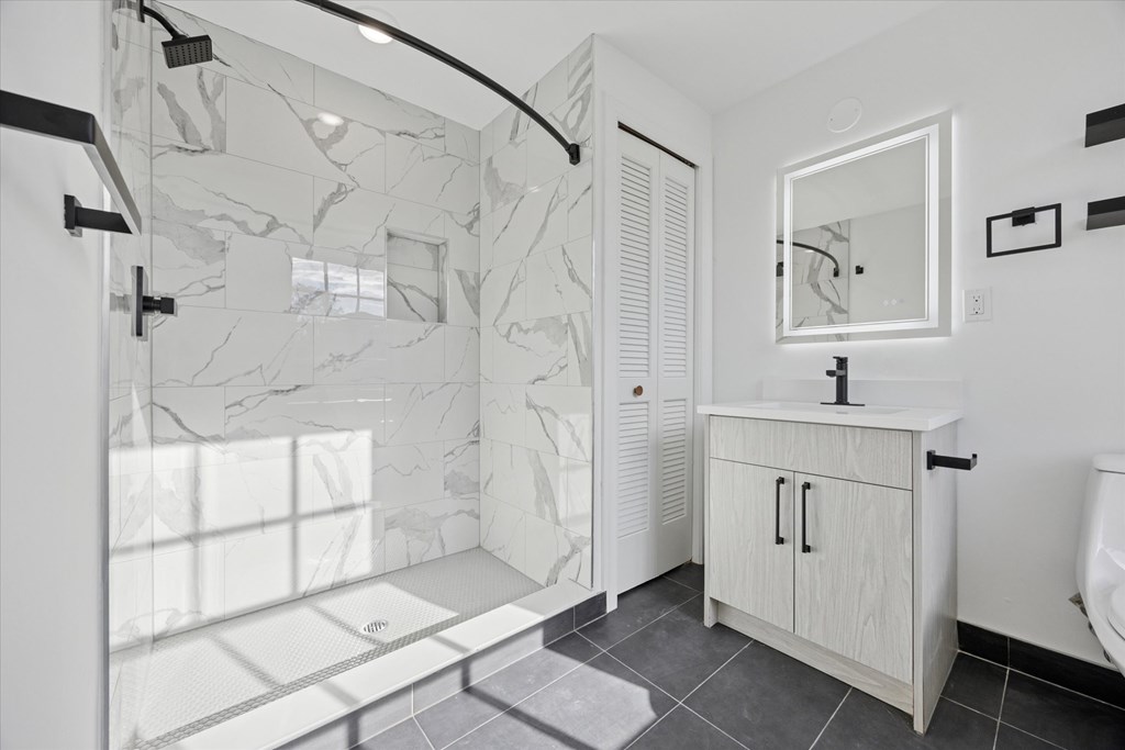 A bathroom with a walk-in shower and a toilet.