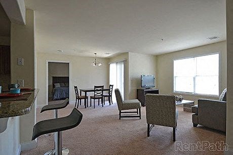 a living room with a couch and chairs and a tv