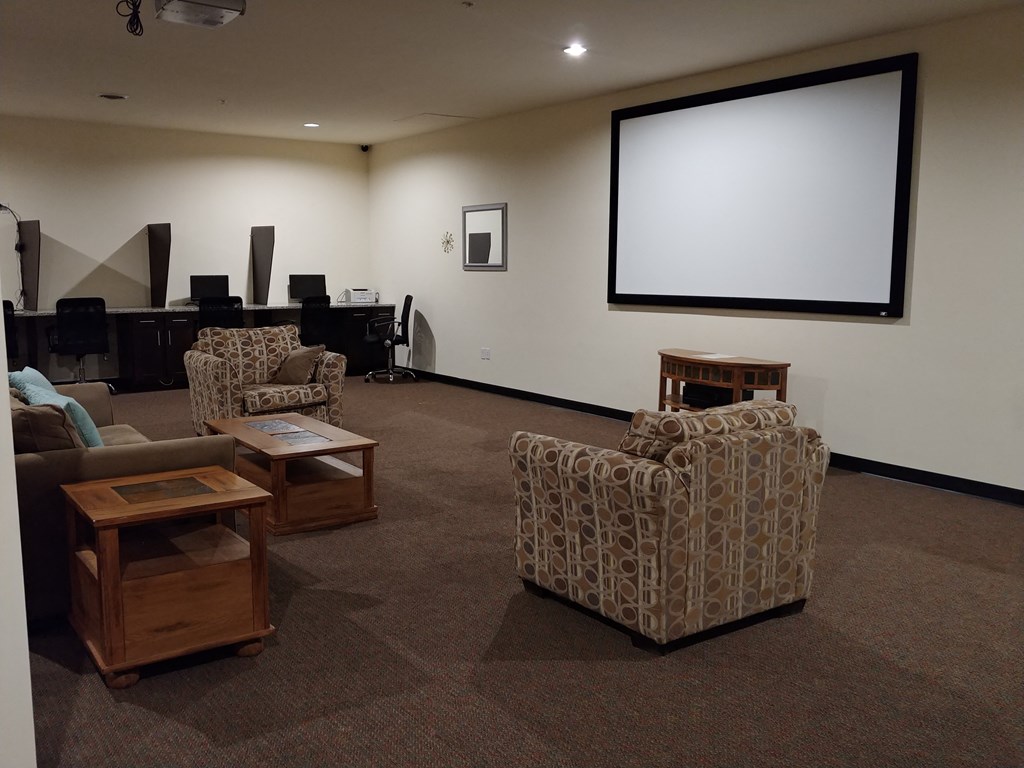 a living room with couches and chairs and a projector screen