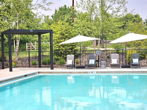 A pool with a black fence and white umbrellas in the background.