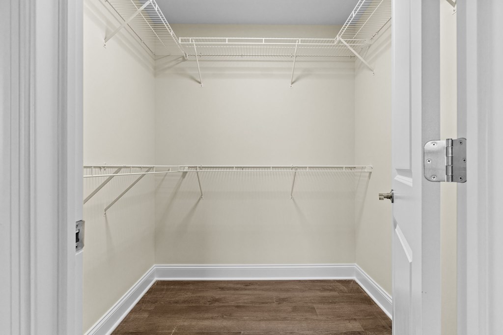 A white closet with a door and a brown floor.