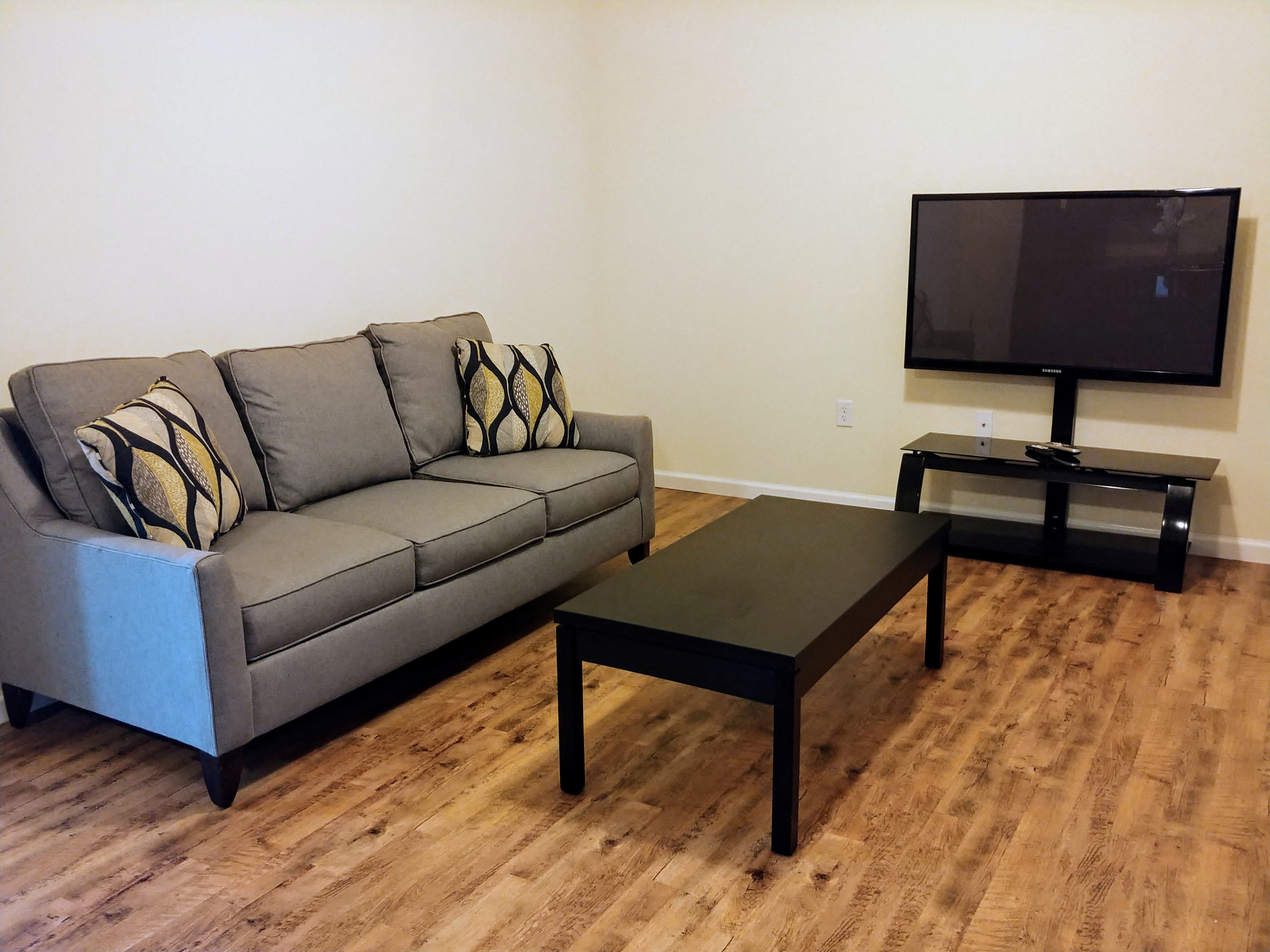 a living room with a couch and a television