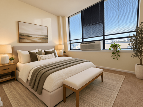 A bedroom with a large bed and a painting on the wall.