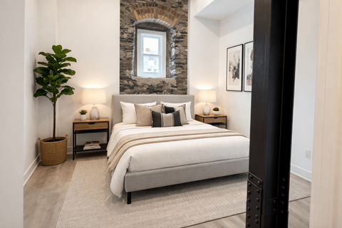A bedroom with a large bed and a stone wall.