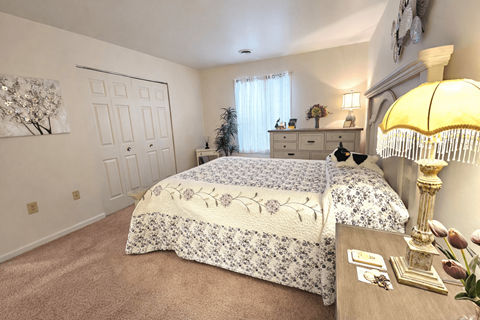 A bedroom with a large bed and a dresser with a lamp on it.