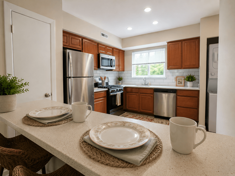 A kitchen with a table set for two.