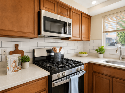 A kitchen with a black stove top and wooden cabinets.