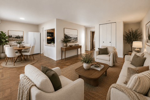 A living room with a white couch, a coffee table, and a dining table with chairs.