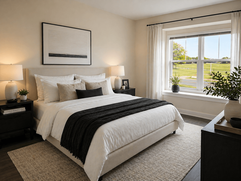 A bedroom with a large bed and a window overlooking a green field.