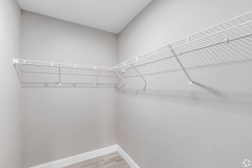 A white empty pantry with shelves and a wooden floor.