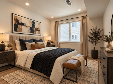 A bedroom with a large bed and a painting on the wall.