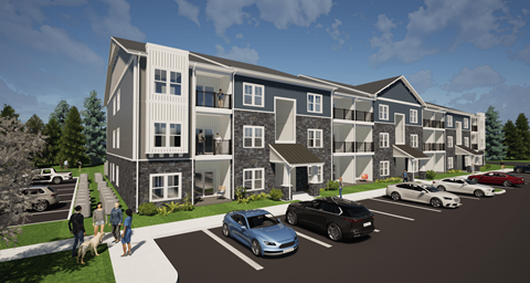 A rendering of a modern apartment complex with a parking lot in front.