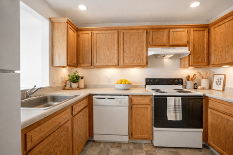 A kitchen with wooden cabinets and a black stove top oven.