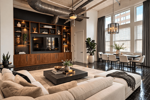 A modern living room with a large sectional sofa and a coffee table in the center.