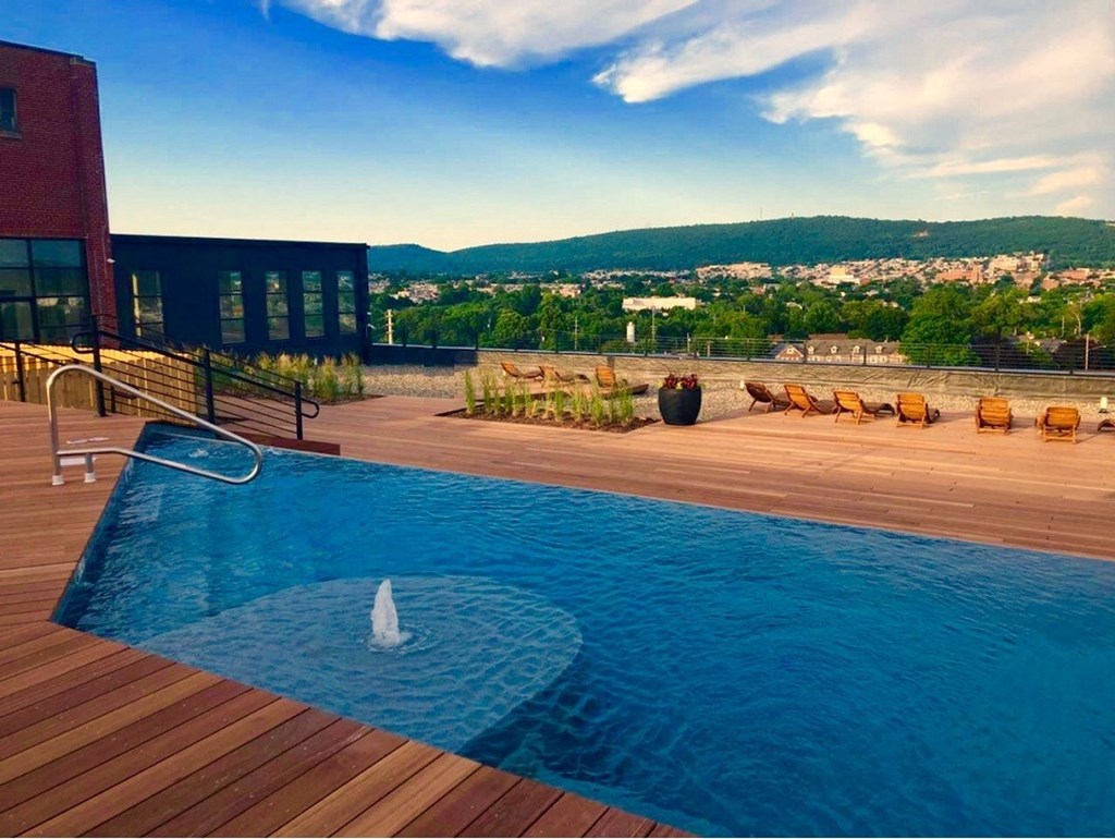 View of rooftop pool and sundeck at the Lofts at Narrow in West Reading Pa