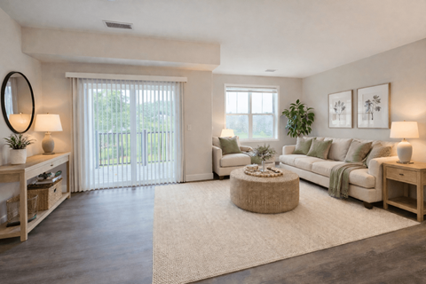 A living room with a large window, a sofa, a coffee table, and a side table with a lamp.