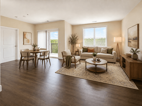 A living room with a brown sofa, a coffee table, and a dining table with chairs.