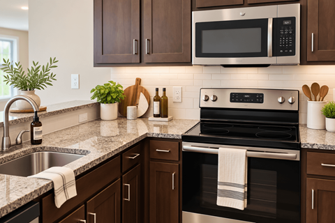 Kitchen with subway tile backsplash at Reserve at Parkland