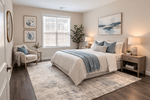 A bedroom with a large bed and a chair by the window.