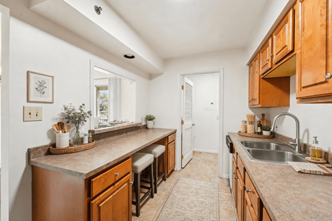 A kitchen with wooden cabinets and a countertop with a sink and a window.