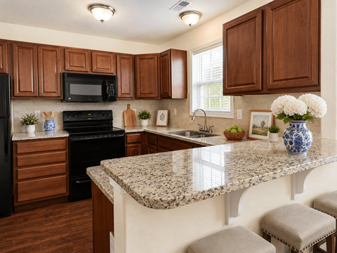 A kitchen with brown cabinets and granite countertops.