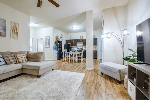 Living Space, Kitchen and Dining Area at Lofts at 525