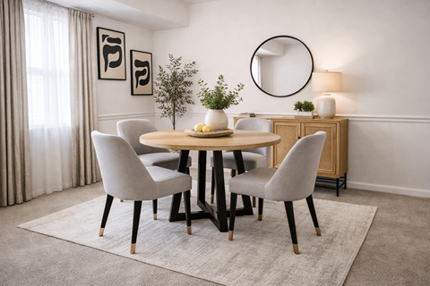 A dining room with a round mirror, a table with chairs and a vase with a plant.