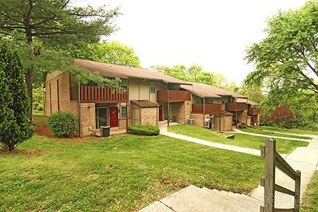 a row of houses with a yard and trees