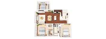 A top-down view of a small apartment layout with a kitchen, living room, and bedroom.