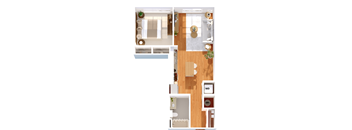 A floor plan of a small apartment with a kitchen, living room, and bathroom.
