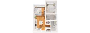 A top-down view of a small apartment with a kitchen, living room, and bathroom.