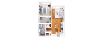 A floor plan of a small apartment with a kitchen, living room, and bathroom.