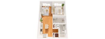 A top-down view of a small apartment with a kitchen, living room, and bathroom.