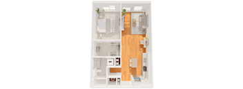 A floor plan of a small apartment with a kitchen, living room, and bathroom.