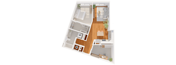 A floor plan of a house with a living room, kitchen, dining room, and two bathrooms.