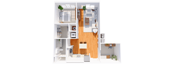 A 3D floor plan of a small apartment with a kitchen, living room, and bathroom.