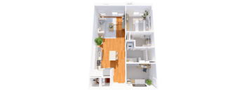 A top-down view of a small apartment with a living room, kitchen, and bathroom.