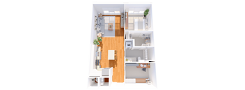 A top-down view of a small apartment with a living room, kitchen, and bedroom.