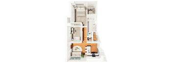 A floor plan of a small apartment with a kitchen, living room, and bathroom.