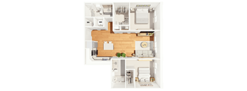 A floor plan of a small apartment with a kitchen, living room, and bathroom.