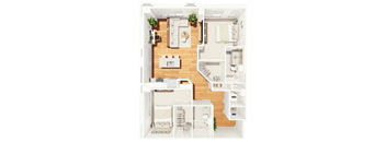 A detailed 3D floor plan of a house layout.