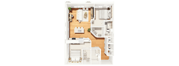 A floor plan of a house with a kitchen, living room, and bathrooms.