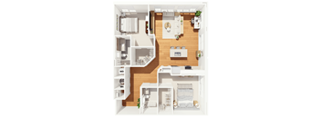 A top-down view of a small apartment layout with a kitchen, living room, and bathroom.
