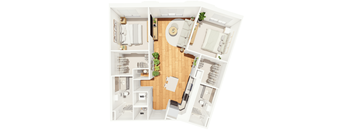 A floor plan of a small apartment with a kitchen, living room, and bathroom.