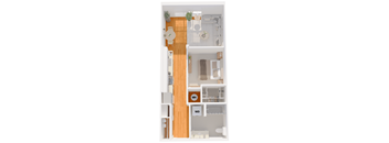 A floor plan of a house with a living room, dining room, kitchen, and bathrooms.