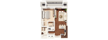 A floor plan of a house with a kitchen, living room, and bathrooms.